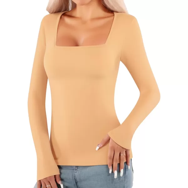 MANGOPOP Womens Short Sleeve Long Sleeve Square Neck T Shirts Tops TeesLong Sleeve Nude Fleece Lined