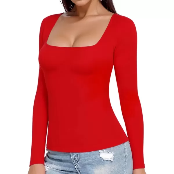 MANGOPOP Womens Short Sleeve Long Sleeve Square Neck T Shirts Tops TeesLong Sleeve Red