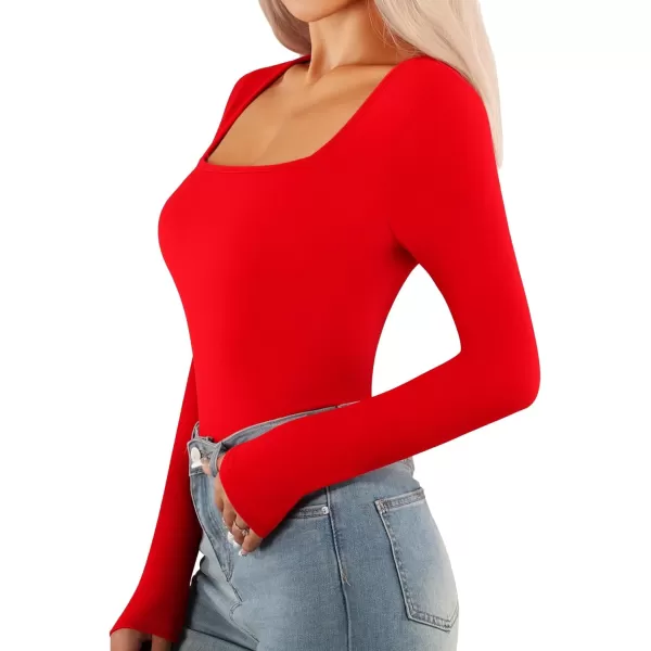 MANGOPOP Womens Short Sleeve Long Sleeve Square Neck T Shirts Tops TeesLong Sleeve Red Fleece Lined