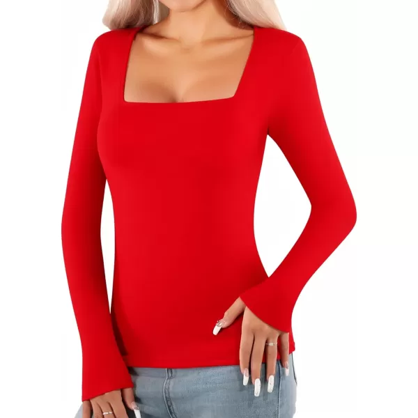 MANGOPOP Womens Short Sleeve Long Sleeve Square Neck T Shirts Tops TeesLong Sleeve Red Fleece Lined