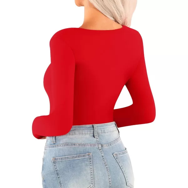 MANGOPOP Womens Short Sleeve Long Sleeve Square Neck T Shirts Tops TeesLong Sleeve Red Fleece Lined