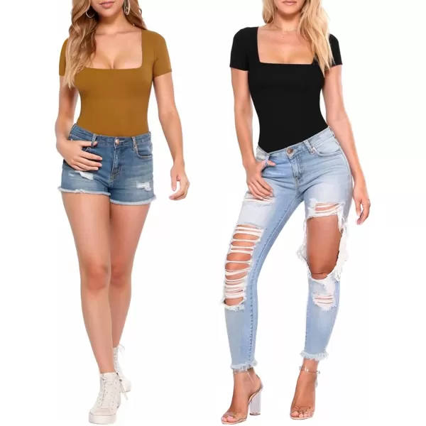 MANGOPOP Womens Short Sleeve Long Sleeve Square Neck T Shirts Tops TeesShort Sleeve Camel