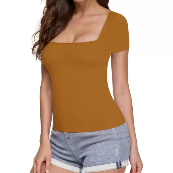 MANGOPOP Womens Short Sleeve Long Sleeve Square Neck T Shirts Tops TeesShort Sleeve Camel
