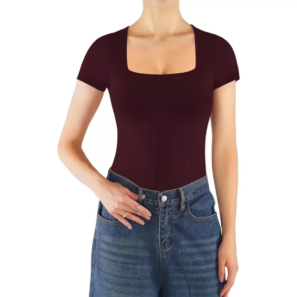 MANGOPOP Womens Square Neck Bodysuit Short Sleeve Shirt TopsBlackBurgundy