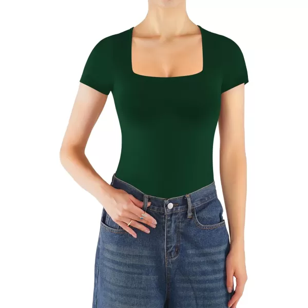 MANGOPOP Womens Square Neck Bodysuit Short Sleeve Shirt TopsBlackWhiteDeep Green