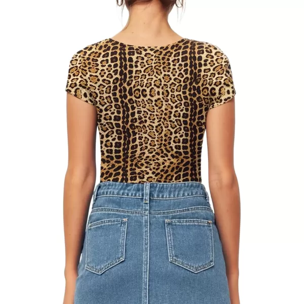 MANGOPOP Womens Square Neck Bodysuit Short Sleeve Shirt TopsShort Sleeve 3leopard