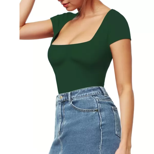 MANGOPOP Womens Square Neck Bodysuit Short Sleeve Shirt TopsShort Sleeve Deep Green