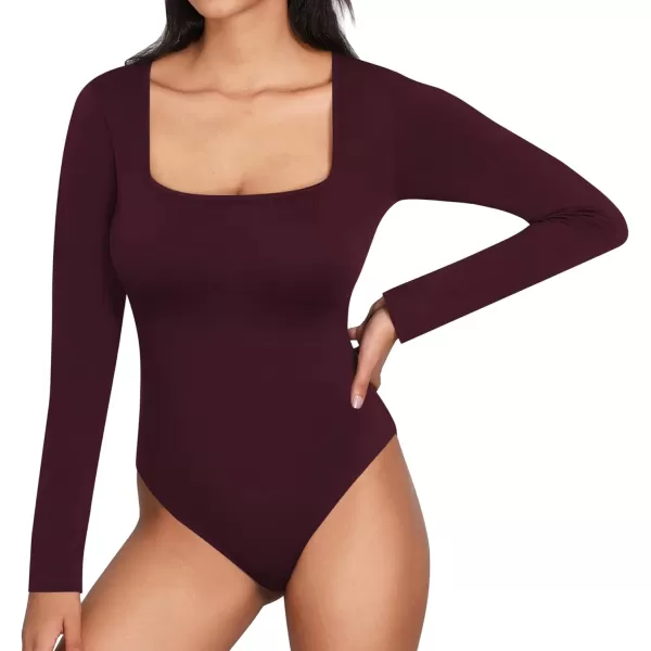 MANGOPOP Womens Square Neck Long Sleeve Tops BodysuitBlackBurgundyBeige