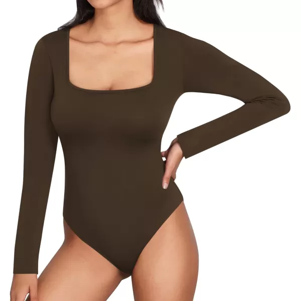 MANGOPOP Womens Square Neck Long Sleeve Tops BodysuitBlackCoffeeBeige