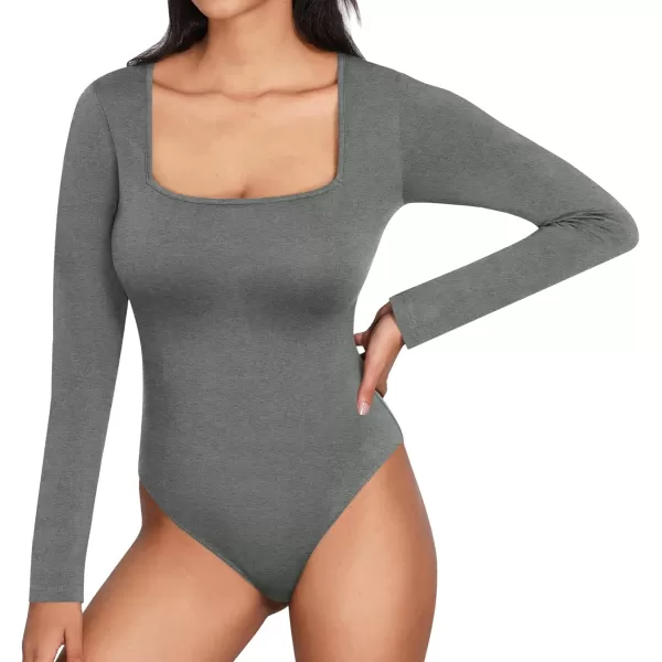 MANGOPOP Womens Square Neck Long Sleeve Tops BodysuitBlackWhiteDark Heather Grey