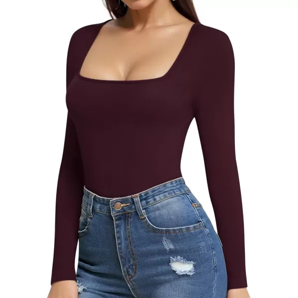 MANGOPOP Womens Square Neck Long Sleeve Tops BodysuitBurgundy