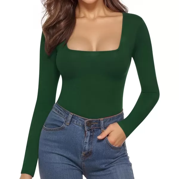 MANGOPOP Womens Square Neck Long Sleeve Tops BodysuitDeep Green