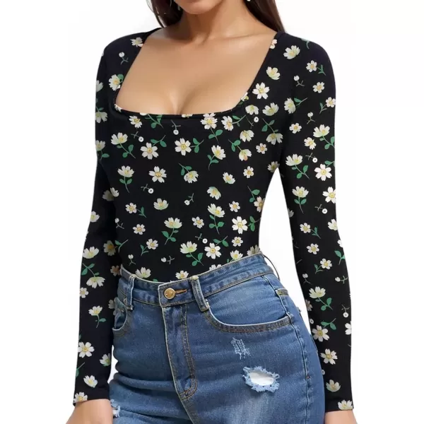 MANGOPOP Womens Square Neck Long Sleeve Tops BodysuitLong Sleeve 1little Daisy