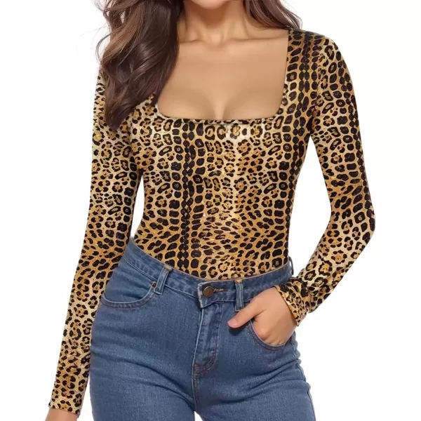 MANGOPOP Womens Square Neck Long Sleeve Tops BodysuitLong Sleeve 3leopard