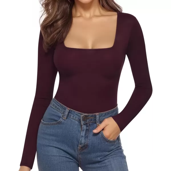 MANGOPOP Womens Square Neck Long Sleeve Tops BodysuitLong Sleeve Burgundy