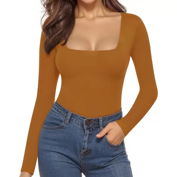 MANGOPOP Womens Square Neck Long Sleeve Tops BodysuitLong Sleeve Camel