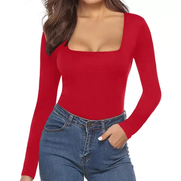 MANGOPOP Womens Square Neck Long Sleeve Tops BodysuitLong Sleeve Red Fleece Lined