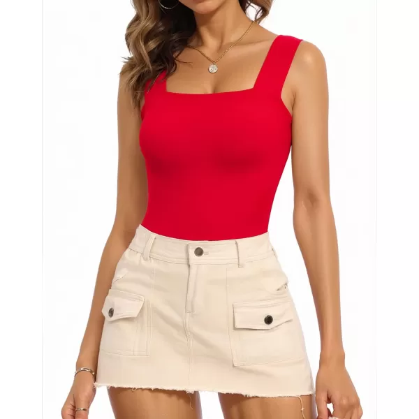 MANGOPOP Womens Square Neck Sleeveless Tank Top Bodysuits Clubwear for Going OutSleeveless Red