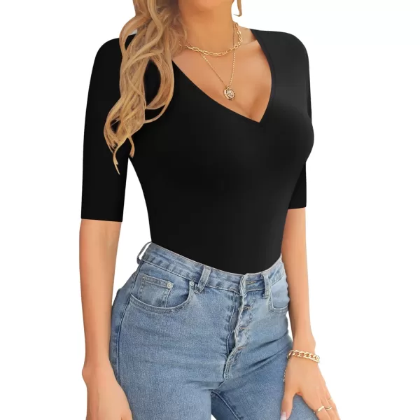 MANGOPOP Womens V Neck Half SleeveSweetheart Neckline Ruched Front Long Sleeve Bodysuit for Going OutA Short Sleeve Black