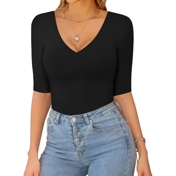 MANGOPOP Womens V Neck Half SleeveSweetheart Neckline Ruched Front Long Sleeve Bodysuit for Going OutA Short Sleeve Black