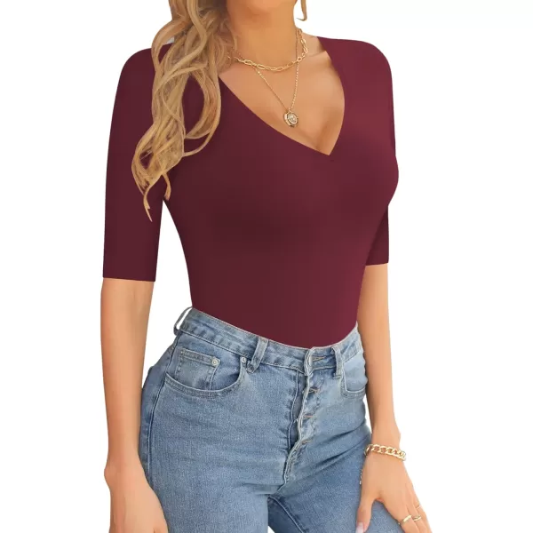 MANGOPOP Womens V Neck Half SleeveSweetheart Neckline Ruched Front Long Sleeve Bodysuit for Going OutShort Sleeve Burgundy