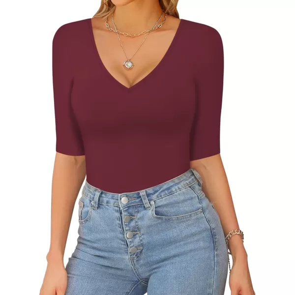 MANGOPOP Womens V Neck Half SleeveSweetheart Neckline Ruched Front Long Sleeve Bodysuit for Going OutShort Sleeve Burgundy