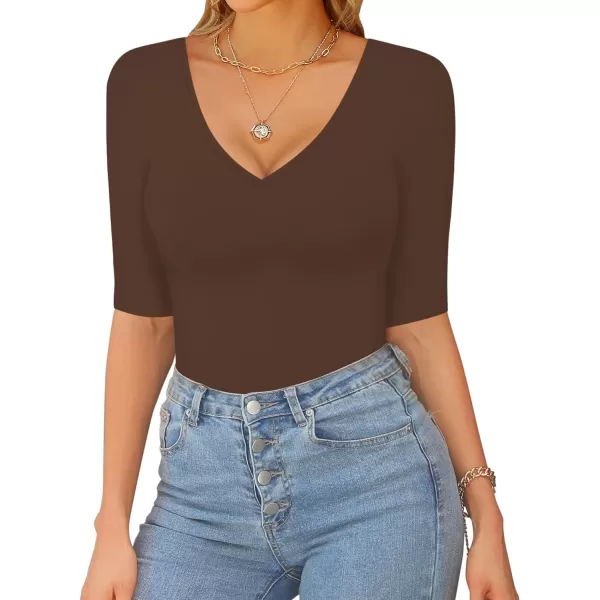 MANGOPOP Womens V Neck Half SleeveSweetheart Neckline Ruched Front Long Sleeve Bodysuit for Going OutShort Sleeve Coffee