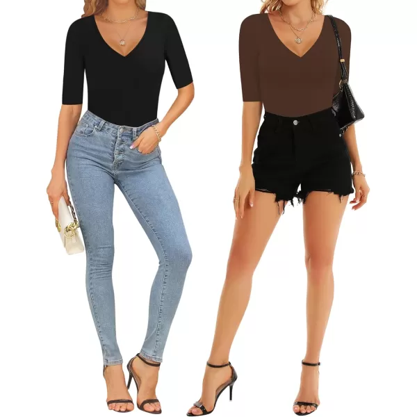 MANGOPOP Womens V Neck Half SleeveSweetheart Neckline Ruched Front Long Sleeve Bodysuit for Going OutShort Sleeve Coffee