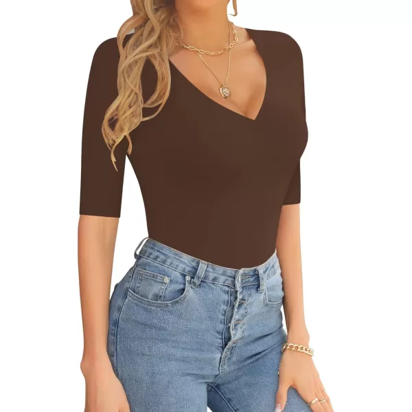 MANGOPOP Womens V Neck Half SleeveSweetheart Neckline Ruched Front Long Sleeve Bodysuit for Going OutShort Sleeve Coffee