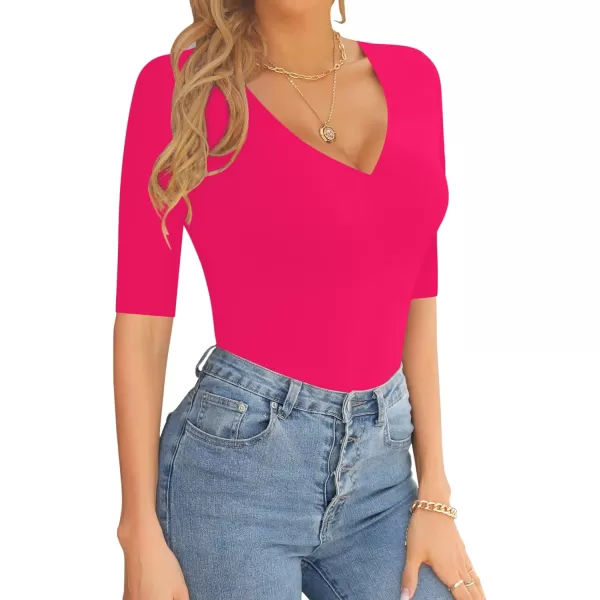 MANGOPOP Womens V Neck Half SleeveSweetheart Neckline Ruched Front Long Sleeve Bodysuit for Going OutShort Sleeve Rose Pink