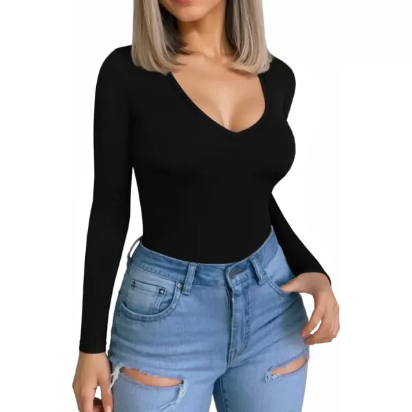 MANGOPOP Womens V Neck Short Sleeve Long Sleeve Slim Fit T Shirt Tunic Tops TeeA Long Sleeve Black