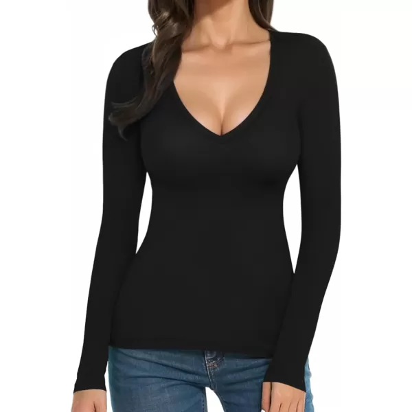 MANGOPOP Womens V Neck Short Sleeve Long Sleeve Slim Fit T Shirt Tunic Tops TeeA Long Sleeve Black