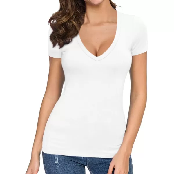 MANGOPOP Womens V Neck Short Sleeve Long Sleeve Slim Fit T Shirt Tunic Tops TeeB Short Sleeve White