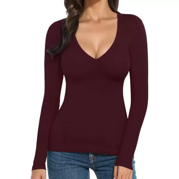 MANGOPOP Womens V Neck Short Sleeve Long Sleeve Slim Fit T Shirt Tunic Tops TeeLong Sleeve Burgundy