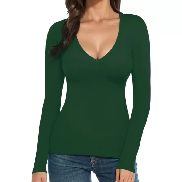 MANGOPOP Womens V Neck Short Sleeve Long Sleeve Slim Fit T Shirt Tunic Tops TeeLong Sleeve Deep Green