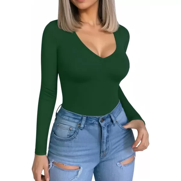 MANGOPOP Womens V Neck Short Sleeve Long Sleeve Slim Fit T Shirt Tunic Tops TeeLong Sleeve Deep Green