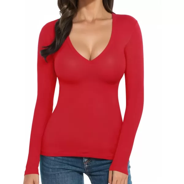 MANGOPOP Womens V Neck Short Sleeve Long Sleeve Slim Fit T Shirt Tunic Tops TeeLong Sleeve Red