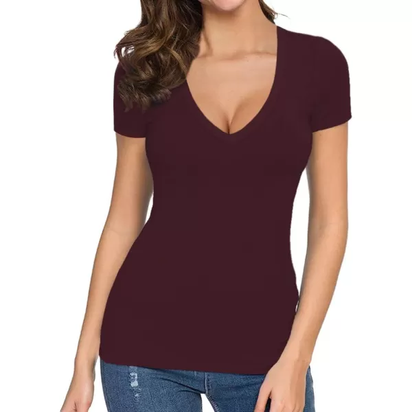 MANGOPOP Womens V Neck Short Sleeve Long Sleeve Slim Fit T Shirt Tunic Tops TeeShort Sleeve Burgundy