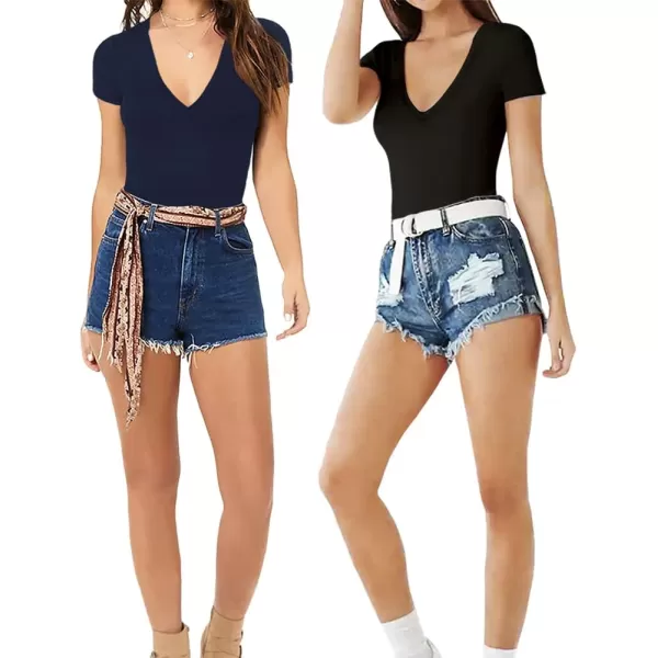 MANGOPOP Womens V Neck Short Sleeve Long Sleeve Slim Fit T Shirt Tunic Tops TeeShort Sleeve Deep Blue