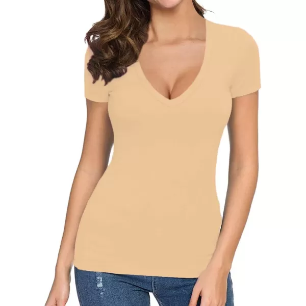 MANGOPOP Womens V Neck Short Sleeve Long Sleeve Slim Fit T Shirt Tunic Tops TeeShort Sleeve Nude