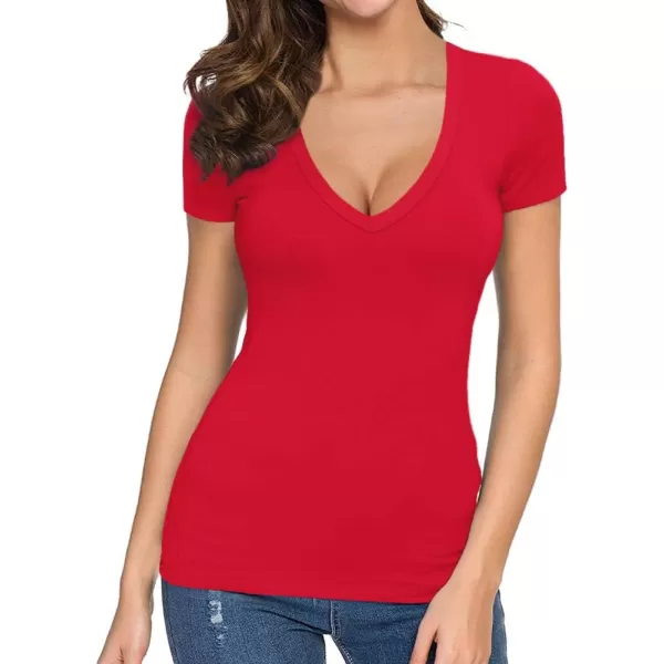 MANGOPOP Womens V Neck Short Sleeve Long Sleeve Slim Fit T Shirt Tunic Tops TeeShort Sleeve Red