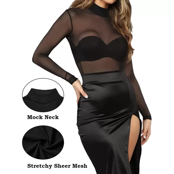 Womens Short Sleeve Long Sleeve Bodycon Clubwear Sheer Pure Mesh Tops T ShirtsBlack