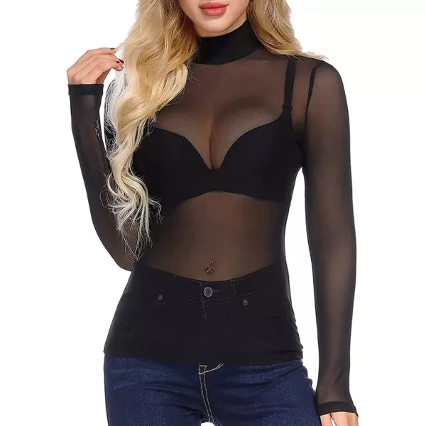 Womens Short Sleeve Long Sleeve Bodycon Clubwear Sheer Pure Mesh Tops T ShirtsBlack