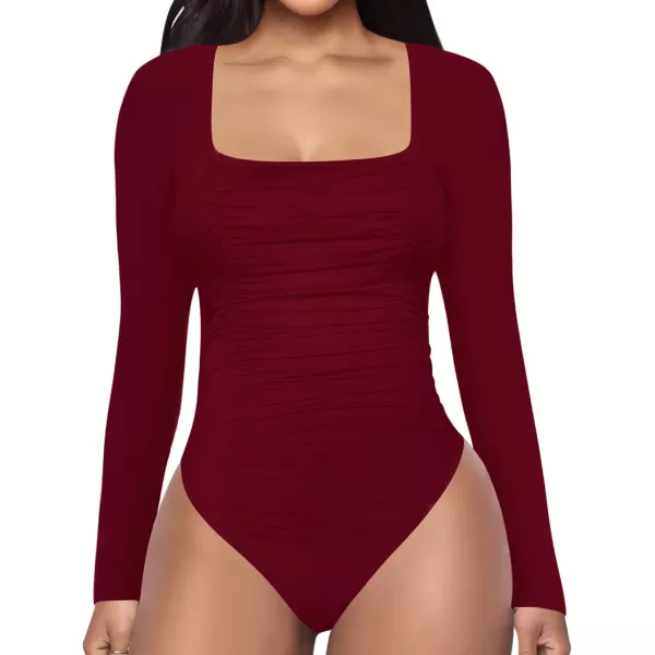 Womens Square Neck Ruched Double Lined Long Sleeve Bodysuit Tops JumpsuitLong Sleeve Burgundy