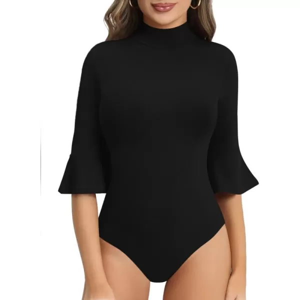 MANGOPOP Bell Sleeve Mock Neck Long Sleeve Short Sleeve Bodysuit for Going Out Tops for Women34 Sleeve Black