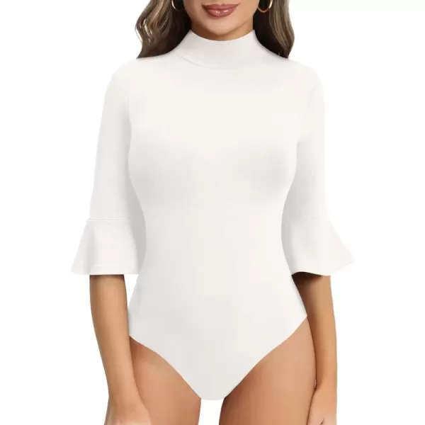 MANGOPOP Bell Sleeve Mock Neck Long Sleeve Short Sleeve Bodysuit for Going Out Tops for Women34 Sleeve White