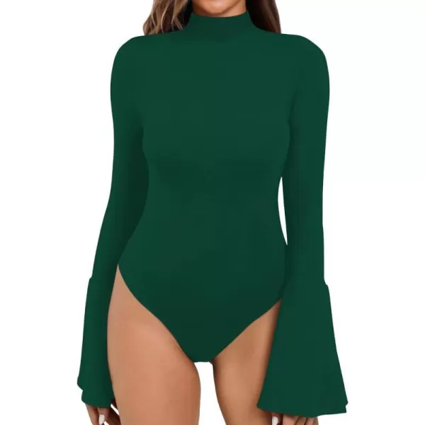 MANGOPOP Bell Sleeve Mock Neck Long Sleeve Short Sleeve Bodysuit for Going Out Tops for WomenLong Sleeve Deep Green