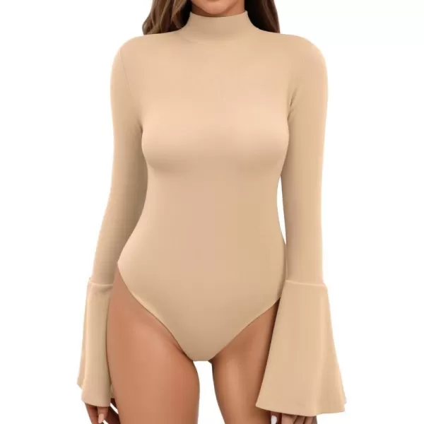 MANGOPOP Bell Sleeve Mock Neck Long Sleeve Short Sleeve Bodysuit for Going Out Tops for WomenLong Sleeve Nude