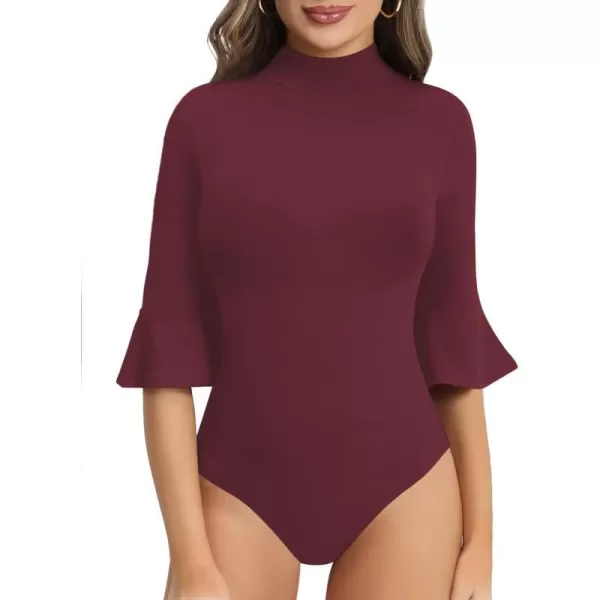 MANGOPOP Bell Sleeve Mock Neck Long Sleeve Short Sleeve Bodysuit for Going Out Tops for WomenShort Sleeve Burgundy