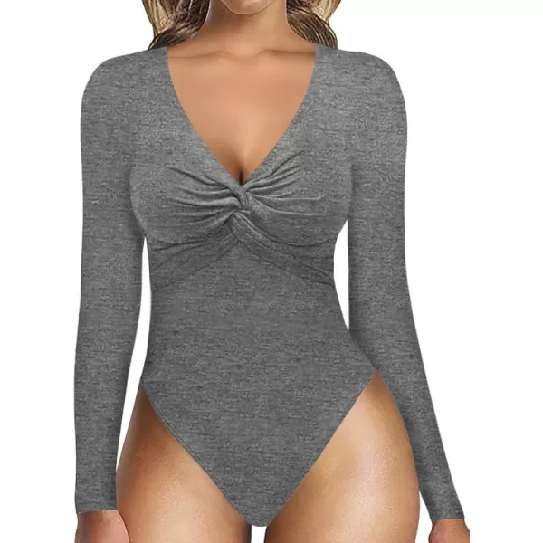 MANGOPOP Bodysuit for Women Deep V Neck Twist Knot Fitted Short Sleeve Long Sleeve TopsLong Sleeve Dark Heather Grey